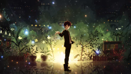 A visually striking HD wallpaper featuring Leonardo Watch from the anime Blood Blockade Battlefront, surrounded by enchanting greenery and shimmering lights.