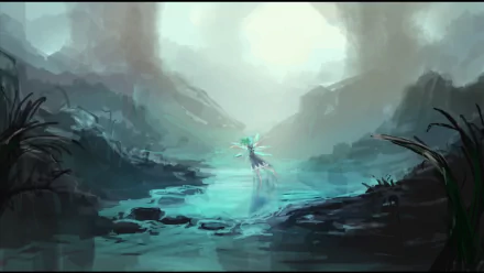 HD PC desktop wallpaper featuring Cirno from Touhou in an ethereal, misty landscape with cool blue and gray tones, capturing the anime's mystical atmosphere.