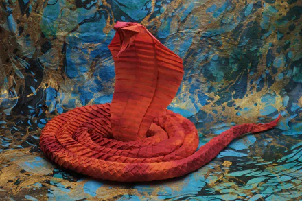 A detailed man-made origami snake in vibrant red, coiled with its hood expanded, set against a textured blue and brown background. 4K Ultra HD desktop wallpaper.