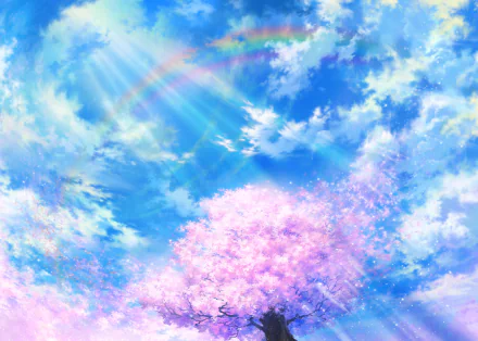 A beautiful HD anime wallpaper featuring a vibrant blue sky with clouds, a rainbow, and a blooming tree with pink blossoms.