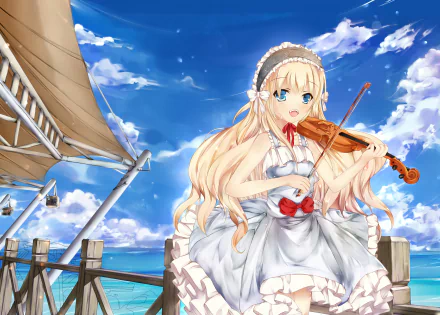 Anime-style violinist with long blonde hair plays against a bright blue sky and seascape, designed as an HD PC desktop wallpaper and background.