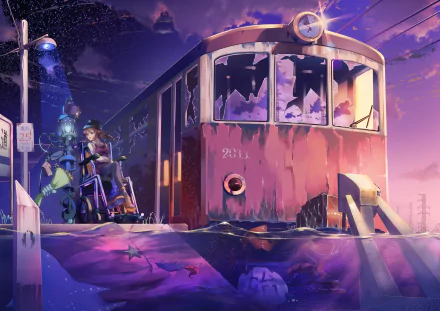 An anime-inspired HD desktop wallpaper featuring a lamp post, a person in a wheelchair, and a fish with a train in the background amidst a surreal underwater scene.