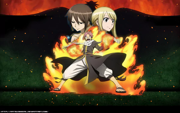 HD PC desktop wallpaper featuring Natsu Dragneel, Lucy Heartfilia, and Éclair from Fairy Tail in dynamic anime style with fiery background.
