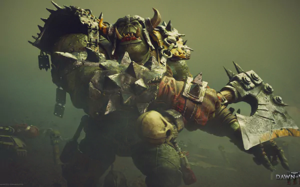 HD PC desktop wallpaper featuring a fierce orc warrior from Warhammer 40,000: Dawn of War III, showcasing the iconic Warhammer 40k universe and its brutal combat style.