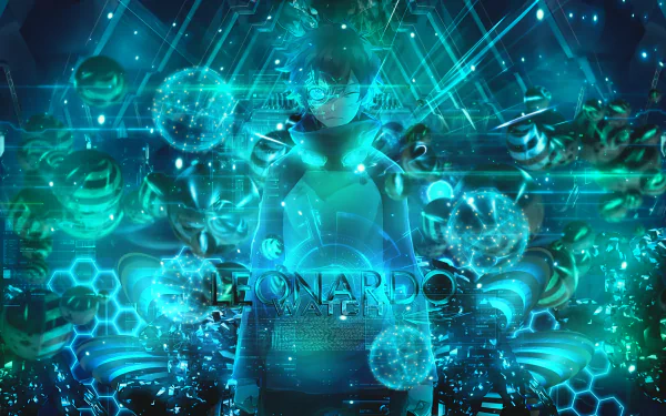 HD PC desktop wallpaper featuring Leonardo Watch from the anime Blood Blockade Battlefront in a glowing, futuristic blue environment with floating orbs and digital effects.