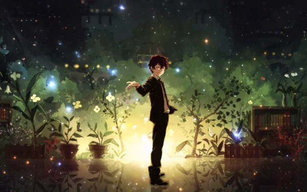 A visually striking HD wallpaper featuring Leonardo Watch from the anime Blood Blockade Battlefront, surrounded by enchanting greenery and shimmering lights.