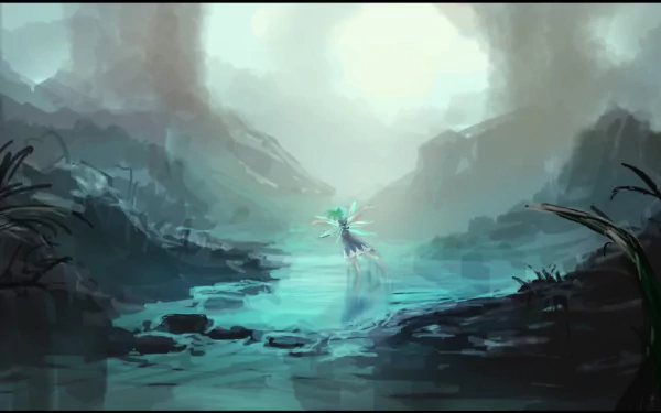 HD PC desktop wallpaper featuring Cirno from Touhou in an ethereal, misty landscape with cool blue and gray tones, capturing the anime's mystical atmosphere.