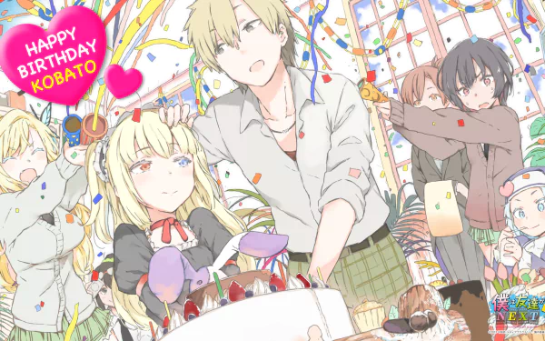 A vibrant HD wallpaper featuring characters Maria Takayama, Rika Shiguma, Yukimura Kusunoki, Kodaka Hasegawa, Kobato Hasegawa, Yozora Mikazuki, and Sena Kashiwazaki from Boku Wa Tomodachi Ga Sukunai, celebrating Kobato's birthday.