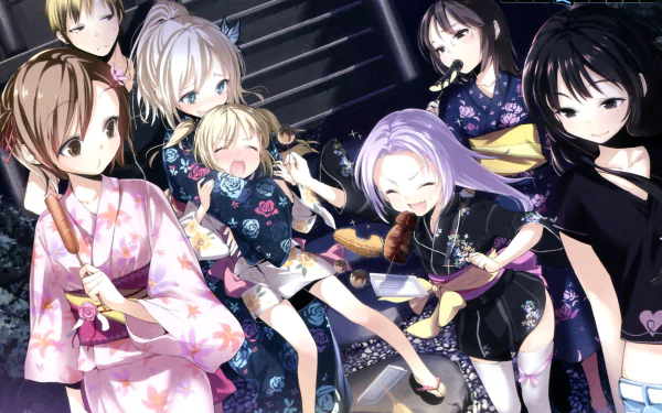 Anime characters Maria Takayama, Rika Shiguma, Yukimura Kusunoki, Kodaka Hasegawa, Yozora Mikazuki, Kobato Hasegawa, and Sena Kashiwazaki gather in vibrant yukatas, enjoying a festive scene from Boku Wa Tomodachi Ga Sukunai.