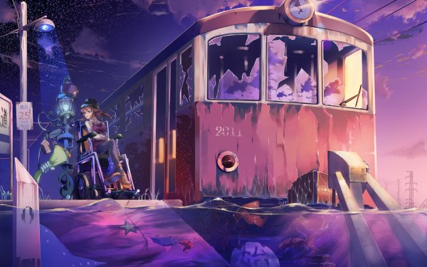 Anime Train Fish Wheelchair Lamp Post HD Wallpaper | Background Image