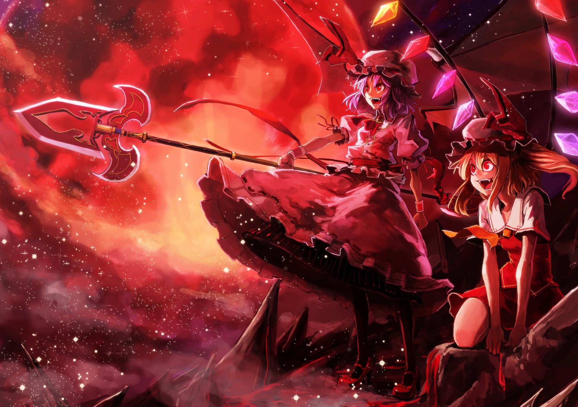 High-definition wallpaper featuring Remilia and Flandre Scarlet from the anime series Touhou, set against a dramatic red moonlit background.