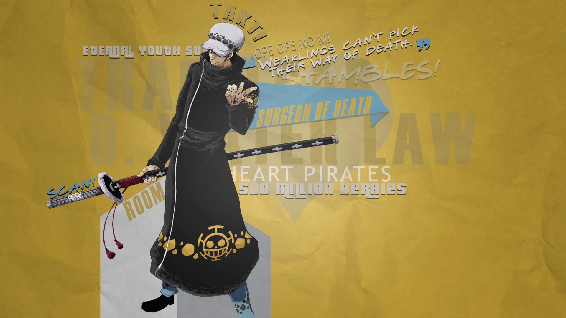 A vibrant HD wallpaper featuring Trafalgar Law from the anime One Piece, showcasing his distinctive outfit and sword against a bold yellow background, highlighting his character from the Heart Pirates.