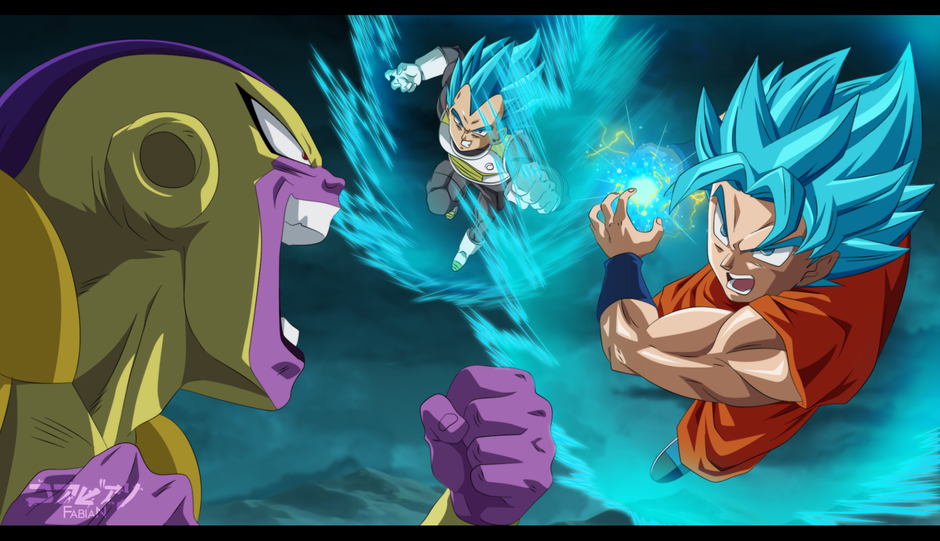 HD Dragon Ball Super anime desktop wallpaper showing an intense battle between characters with blue auras and powerful energy attacks.