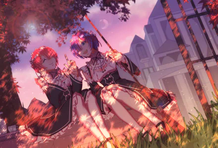 HD desktop wallpaper of Ram and Rem from the anime Re:Zero - Starting Life in Another World, sitting together under a tree with a building in the background, bathed in warm evening light.