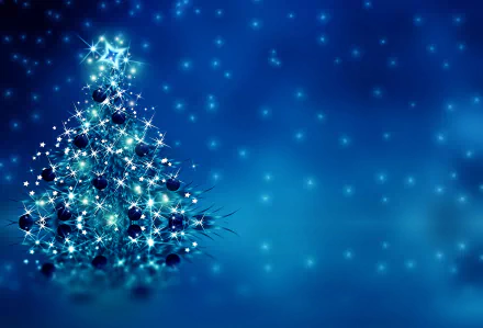 A sparkling blue Christmas tree shines brightly against a shimmering background, creating a festive holiday atmosphere in this 4K Ultra HD wallpaper.