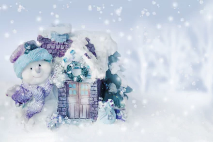 A whimsical winter scene featuring a snowman beside a cozy, snow-covered house, adorned with snowflakes, evoking the cheerful spirit of the holiday season.