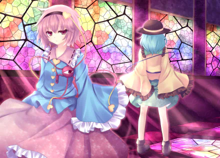 HD anime desktop wallpaper featuring Koishi Komeiji and Satori Komeiji from the Touhou series, set against a vibrant stained glass background.