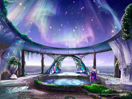 A vibrant HD fantasy PC wallpaper depicting a starry sky and glowing aurora borealis viewed from an ornate, open circular terrace adorned with plants and stained glass.