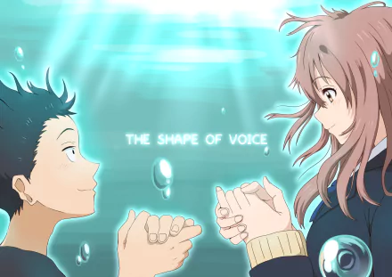 HD desktop wallpaper featuring Shouya Ishida and Shouko Nishimiya from the anime A Silent Voice, with the text The Shape of Voice in the center, surrounded by an underwater scene.