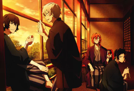 A vibrant 8K Ultra HD anime wallpaper from Bungou Stray Dogs, featuring four characters in traditional attire, set against a warm, sunset backdrop in a cozy indoor setting.