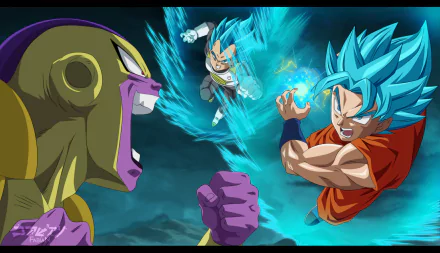 HD Dragon Ball Super anime desktop wallpaper showing an intense battle between characters with blue auras and powerful energy attacks.