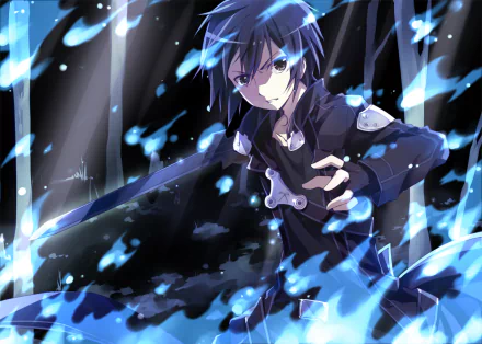 HD anime desktop wallpaper featuring Kirito (Kazuto Kirigaya) from Sword Art Online surrounded by dynamic blue energy effects.