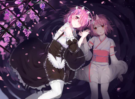 HD wallpaper featuring Ram from Re:ZERO - Starting Life in Another World, surrounded by cherry blossom petals, showcasing her iconic outfit and expressive pose.