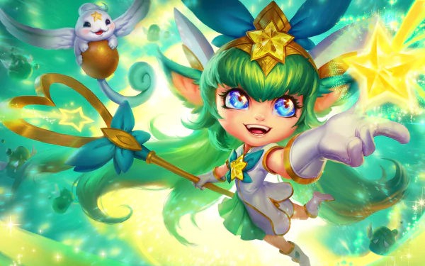 A vibrant HD wallpaper featuring Lulu from League of Legends, adorned in her Star Guardian outfit, with her magical staff and playful companion, set against a glowing, whimsical background.