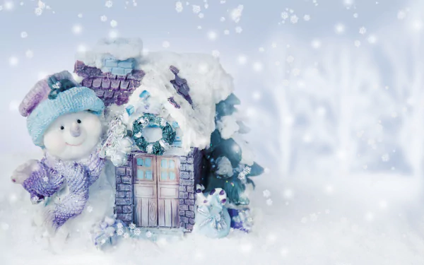 A whimsical winter scene featuring a snowman beside a cozy, snow-covered house, adorned with snowflakes, evoking the cheerful spirit of the holiday season.