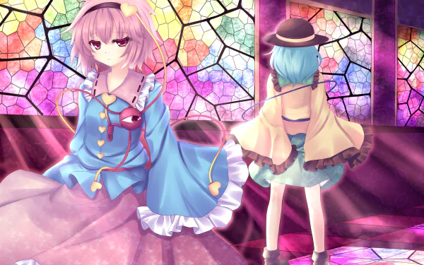 HD anime desktop wallpaper featuring Koishi Komeiji and Satori Komeiji from the Touhou series, set against a vibrant stained glass background.