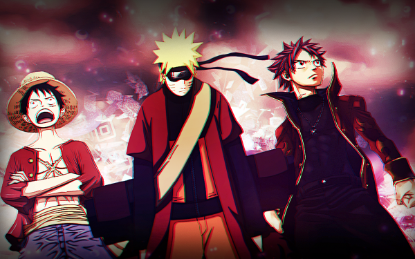Anime Crossover Natsu Dragneel Monkey D. Luffy Naruto Uzumaki Fairy Tail One Piece HD Wallpaper | Background Image