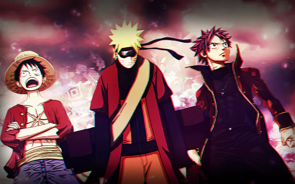 Crossover HD wallpaper featuring iconic anime characters: Naruto Uzumaki, Monkey D. Luffy from One Piece, and Natsu Dragneel from Fairy Tail, set against a dynamic background.