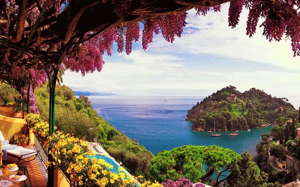 Man Made Amalfi Towns Italy Ocean Sea Boat Island Terrace Flower Horizon HD Wallpaper | Background Image