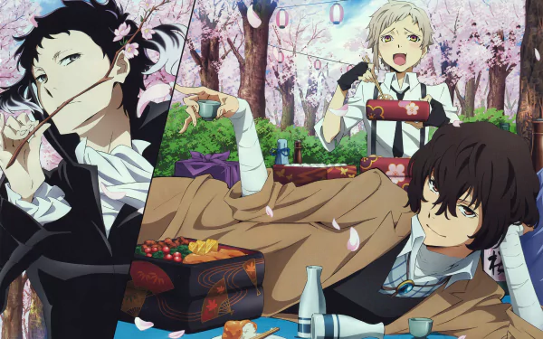 Anime-inspired scene from Bungou Stray Dogs, featuring characters enjoying a picnic under cherry blossoms, with vibrant colors and detailed 8K Ultra HD quality for a stunning desktop background.