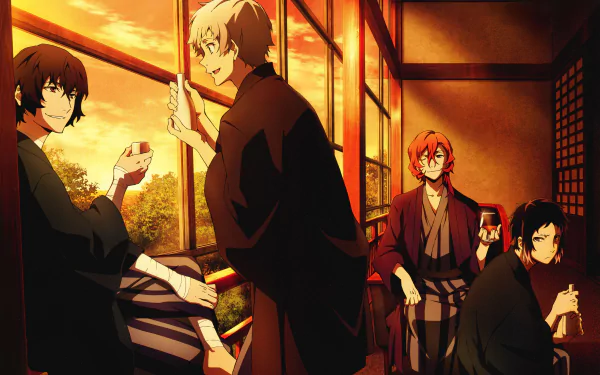 A vibrant 8K Ultra HD anime wallpaper from Bungou Stray Dogs, featuring four characters in traditional attire, set against a warm, sunset backdrop in a cozy indoor setting.