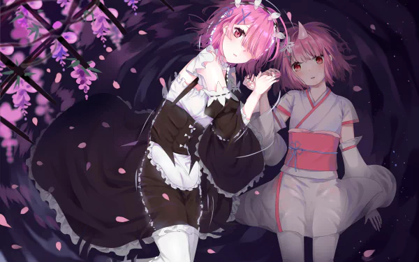 HD wallpaper featuring Ram from Re:ZERO - Starting Life in Another World, surrounded by cherry blossom petals, showcasing her iconic outfit and expressive pose.