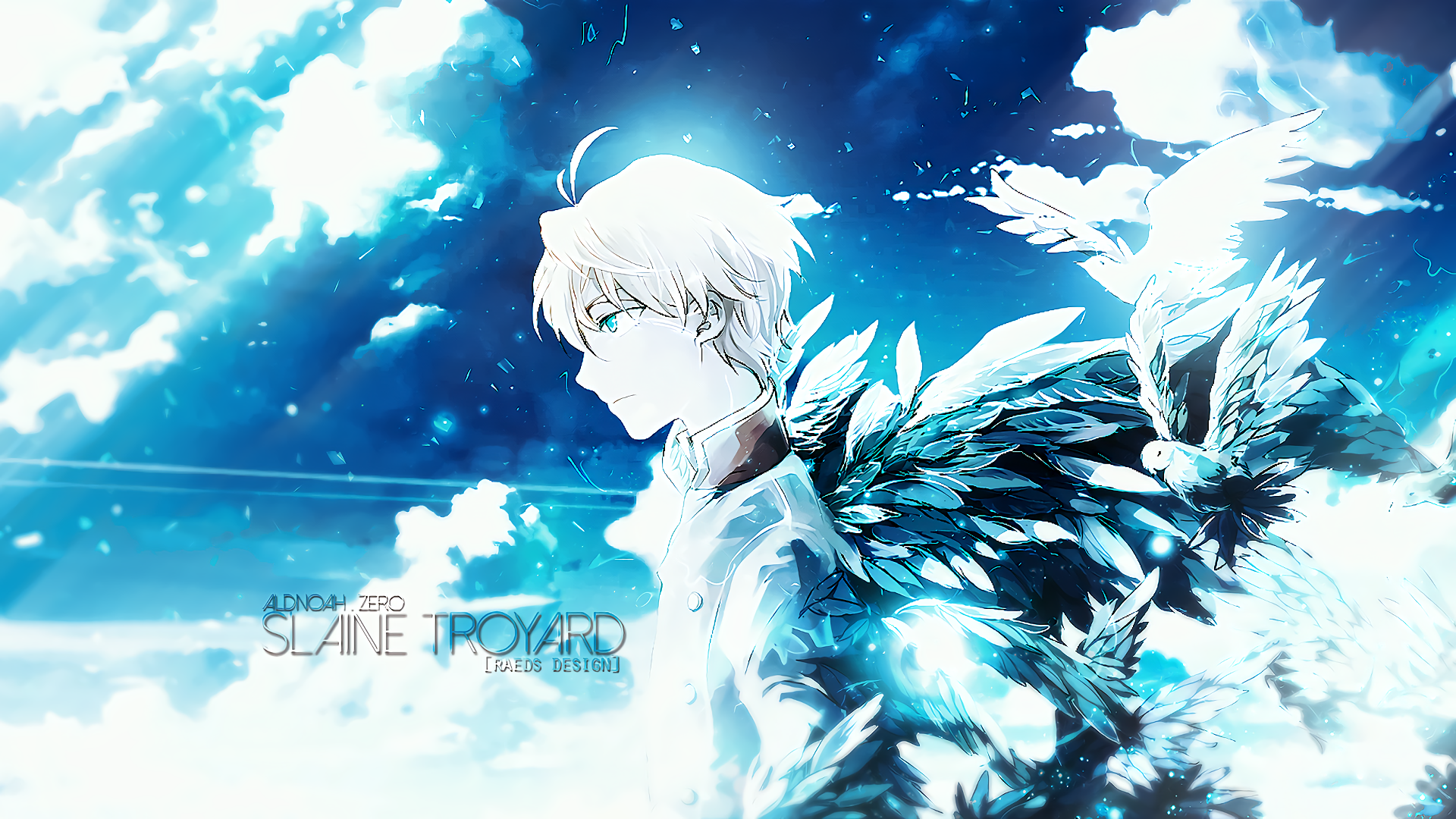 HD anime desktop wallpaper from Aldnoah.Zero featuring Slaine Troyard with glowing blue and white feathers against a bright, celestial background.