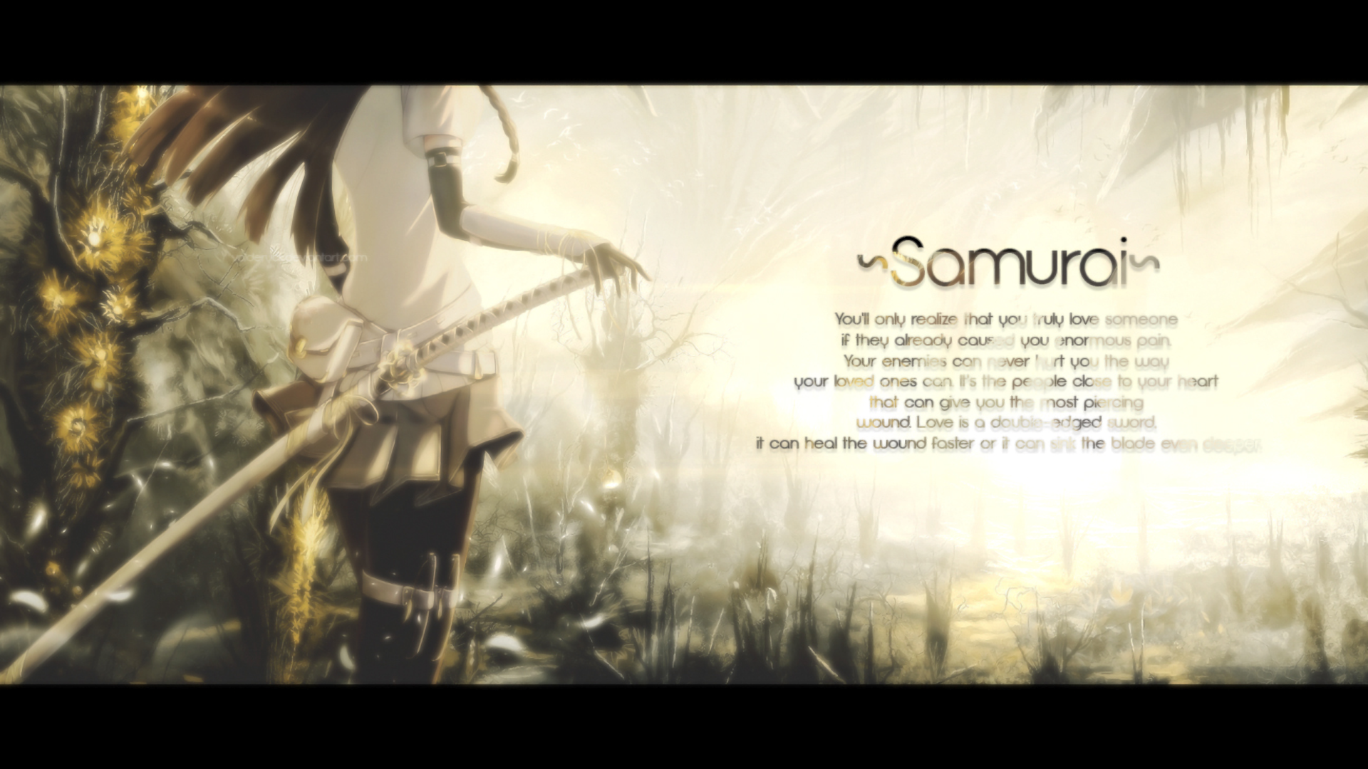 HD anime original desktop wallpaper featuring a mystical samurai scene with soft, glowing light and poetic text in a serene, ethereal background.