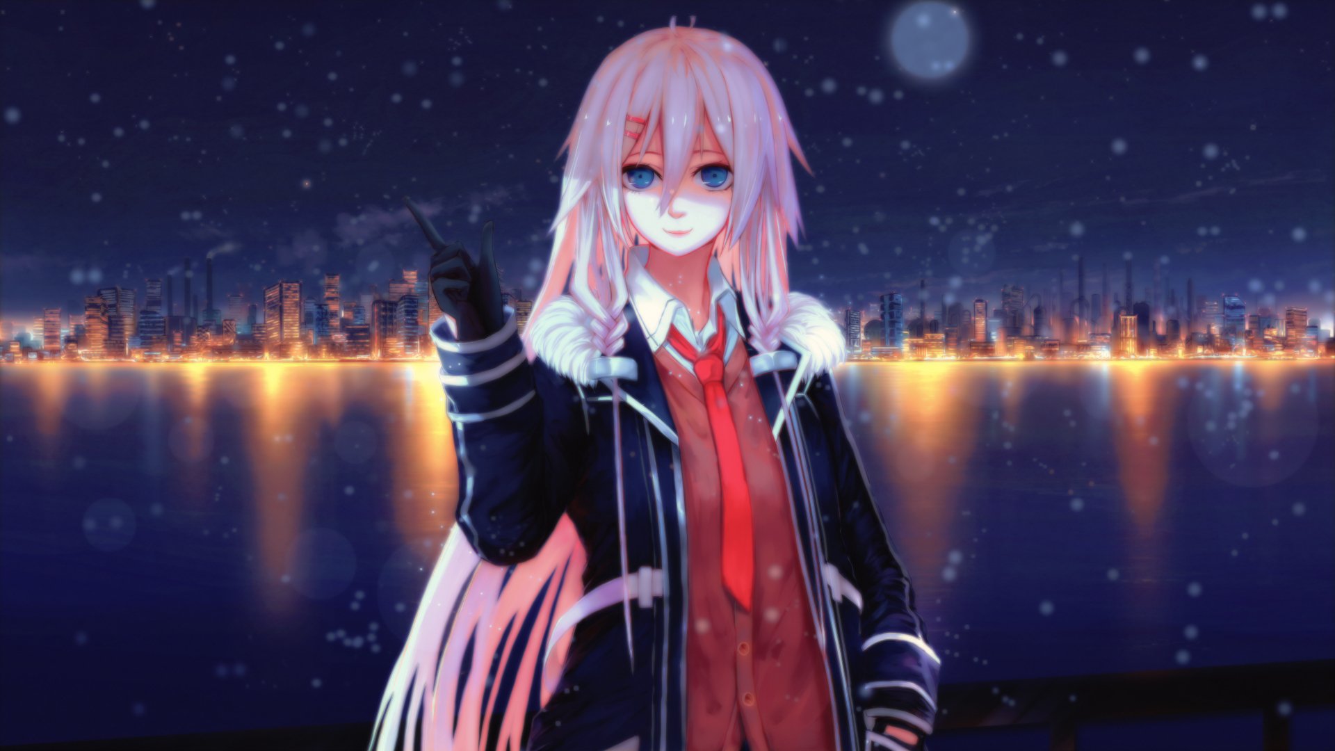 HD anime desktop wallpaper featuring IA from Vocaloid standing by a glowing cityscape at night, with snow falling gently under a starry sky.