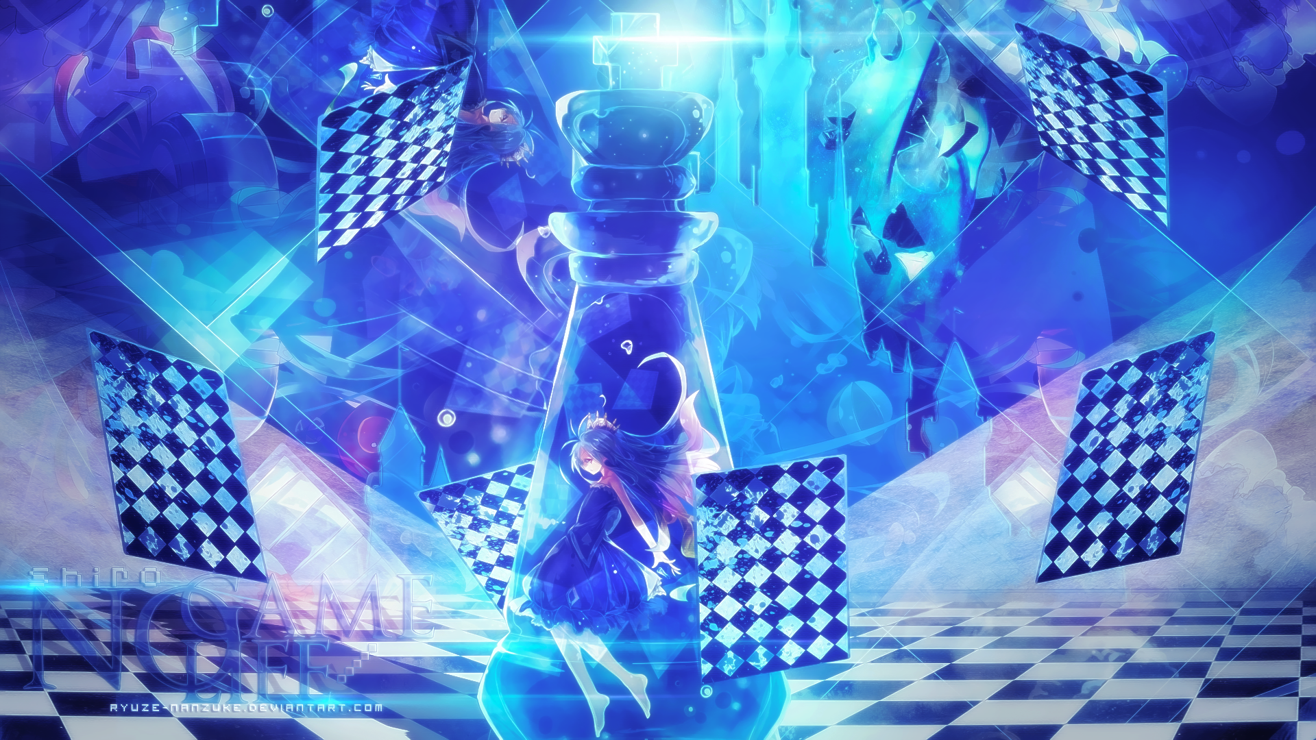 HD wallpaper featuring Shiro from No Game No Life. Shiro, barefoot and wearing a dress, stands by a large chess piece, surrounded by chessboards. She wears a crown, showcasing her character's regal theme.
