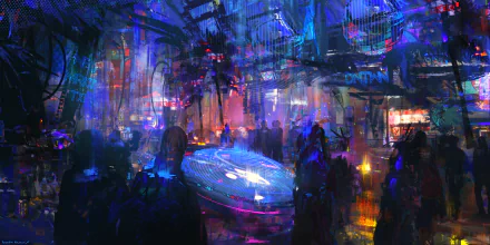 A vibrant cyberpunk scene featuring diverse figures amidst a futuristic setting, illuminated with neon lights and intricate details, creating a captivating sci-fi atmosphere.