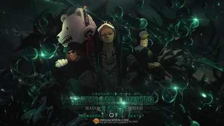 High-definition wallpaper featuring Trafalgar Law from the anime One Piece, set against a dark and dynamic background, showcasing vibrant colors and striking characters.