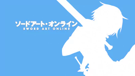 HD PC desktop wallpaper of Kazuto Kirigaya as Kirito from the anime Sword Art Online, featuring a blue background with a white silhouette and the series title in Japanese and English.