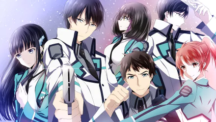 HD wallpaper featuring characters Leonhart Saijou, Erika Chiba, Mizuki Shibata, Mikihiko Yoshida, Shiba Miyuki, and Tatsuya Shiba from the anime The Irregular at Magic High School.