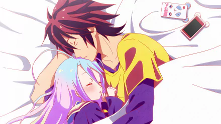 Sora and Shiro from *No Game No Life* cuddle peacefully in bed, creating a cozy atmosphere in this HD desktop wallpaper and background.