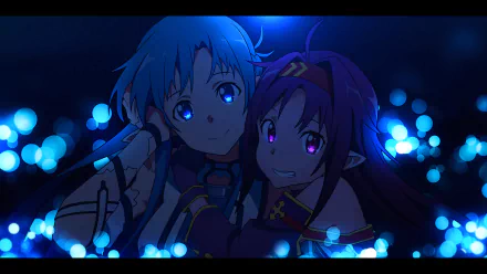 HD PC desktop wallpaper featuring two characters from the anime Sword Art Online II with glowing blue bokeh lights in the background.