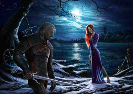 A redheaded warrior in a purple dress stands by a moonlit lake, while Geralt of Rivia, sword in hand, faces her in this atmospheric scene from The Witcher 3: Wild Hunt.