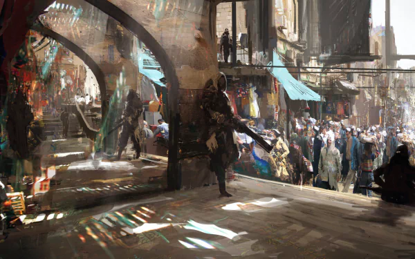 A bustling sci-fi marketplace scene filled with a diverse crowd, featuring a soldier standing guard amidst vibrant shops and colorful architecture, creating an engaging HD wallpaper background.