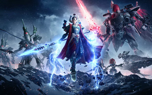 Epic battle scene from Warhammer 40,000: Dawn of War III in stunning 8K Ultra HD, featuring armored warriors and futuristic mechs amid a dramatic, stormy battlefield.