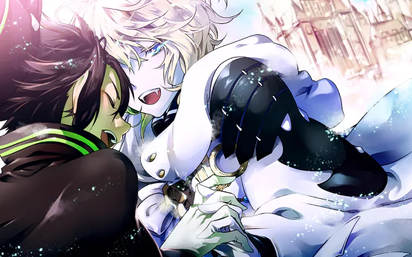 Mikaela and Yūichirō Hyakuya from the anime Seraph of the End share an intense moment in this vibrant HD desktop wallpaper, showcasing their dynamic relationship.